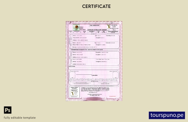 Plantilla de certificado de matrimonio de México lista para imprimir en formato 